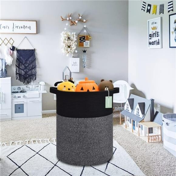 Large laundry hamper woven cotton rope basket 72L toy clothes blanket storage bi - Picture 2 of 7